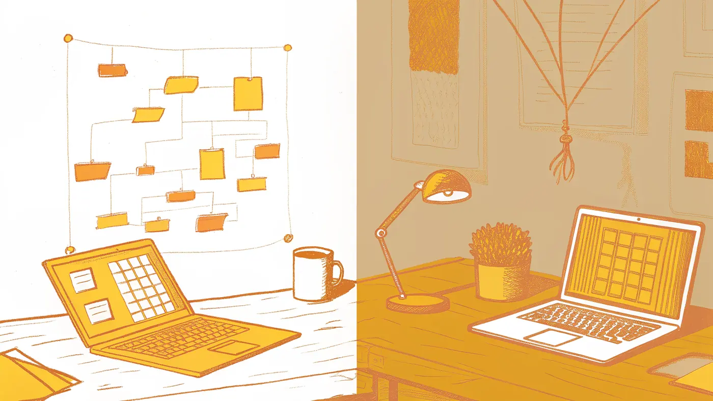 rigid RPA flowchart beside a dynamic AI multi-agent orchestration canvas on a desk