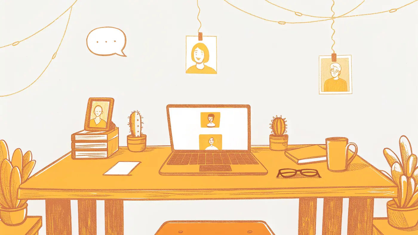 Chatbot chat bubble versus three coordinated AI teammate avatars on a workspace desk