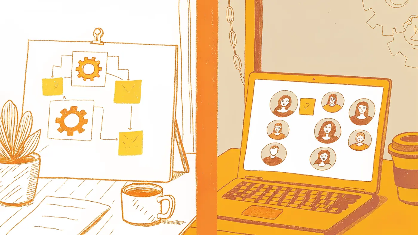 rigid flowchart versus adaptive AI agent network on a GTM team's desk