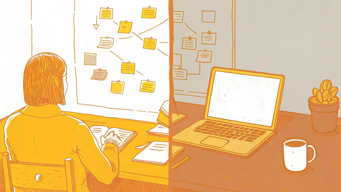Ops leader buried in manual workflow diagrams versus a self-running AI agent loop on a clean desk