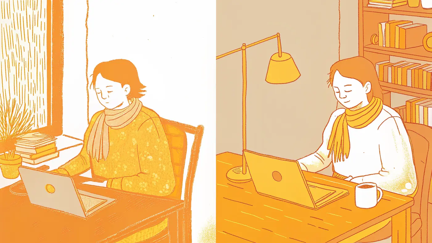 Founder overwhelmed at night desk versus AI-automated calm workspace in the morning