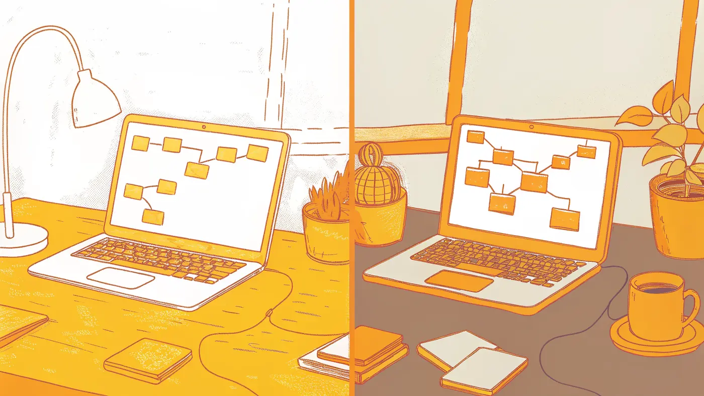 Two laptops side by side comparing AI-native branching workflow versus rigid linear automation chain