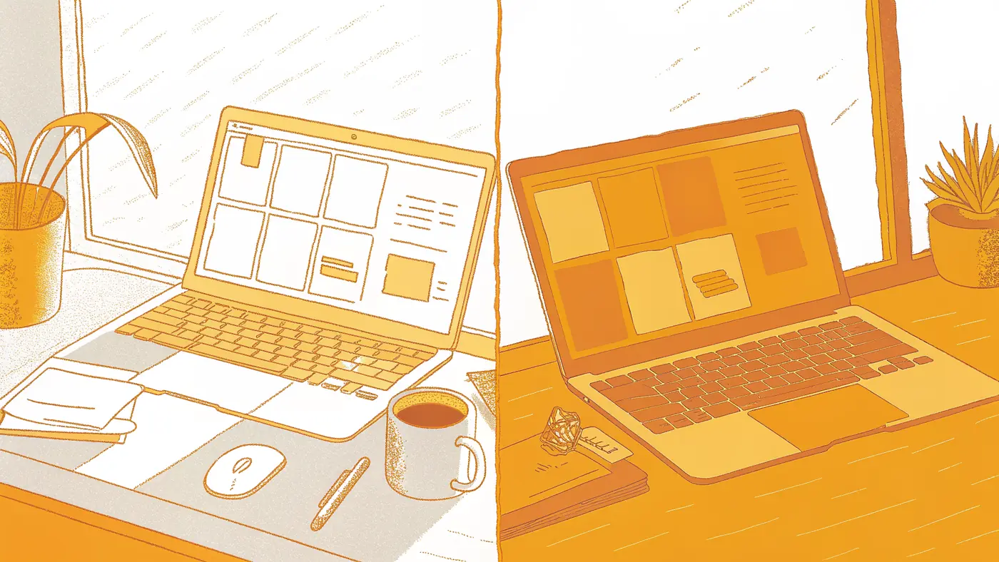 Founder's desk split between a tab graveyard and a single active AI agent dashboard