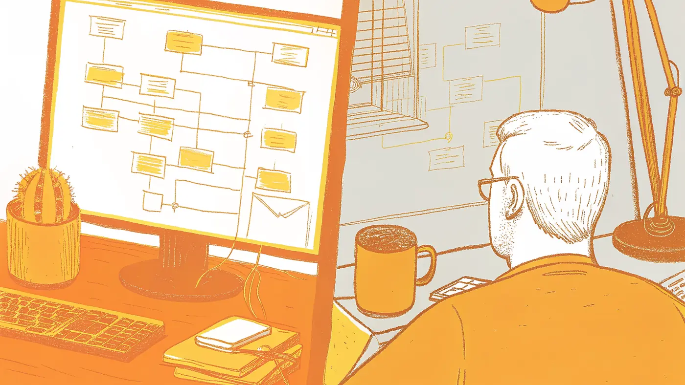 ops leader at desk with org chart beside developer's tangled agent architecture diagram