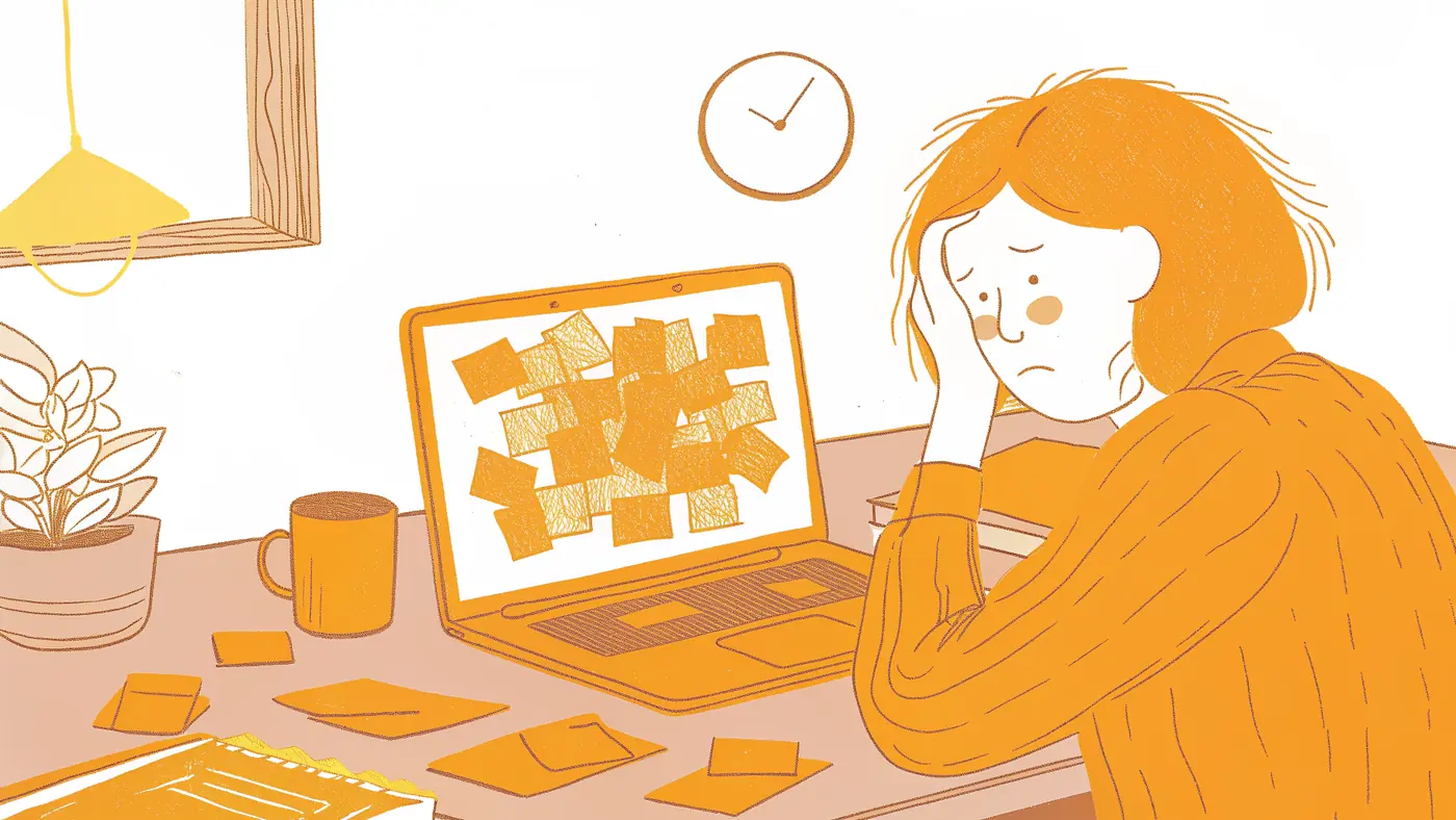 Overwhelmed operator at laptop surrounded by tangled AI agent instructions and scattered notes