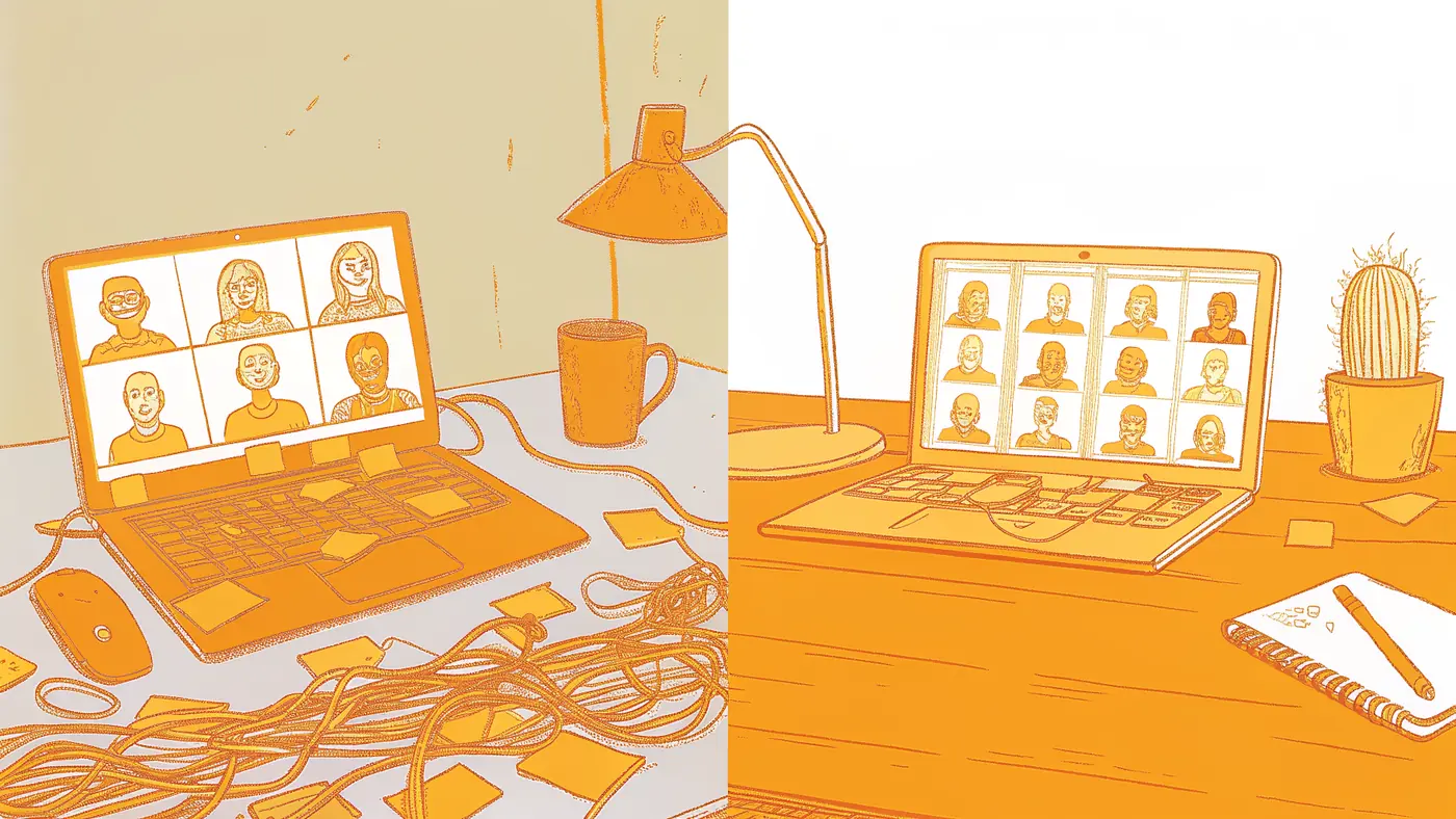 Cluttered agent-wiring workspace contrasted with calm multi-AI-teammate output dashboard