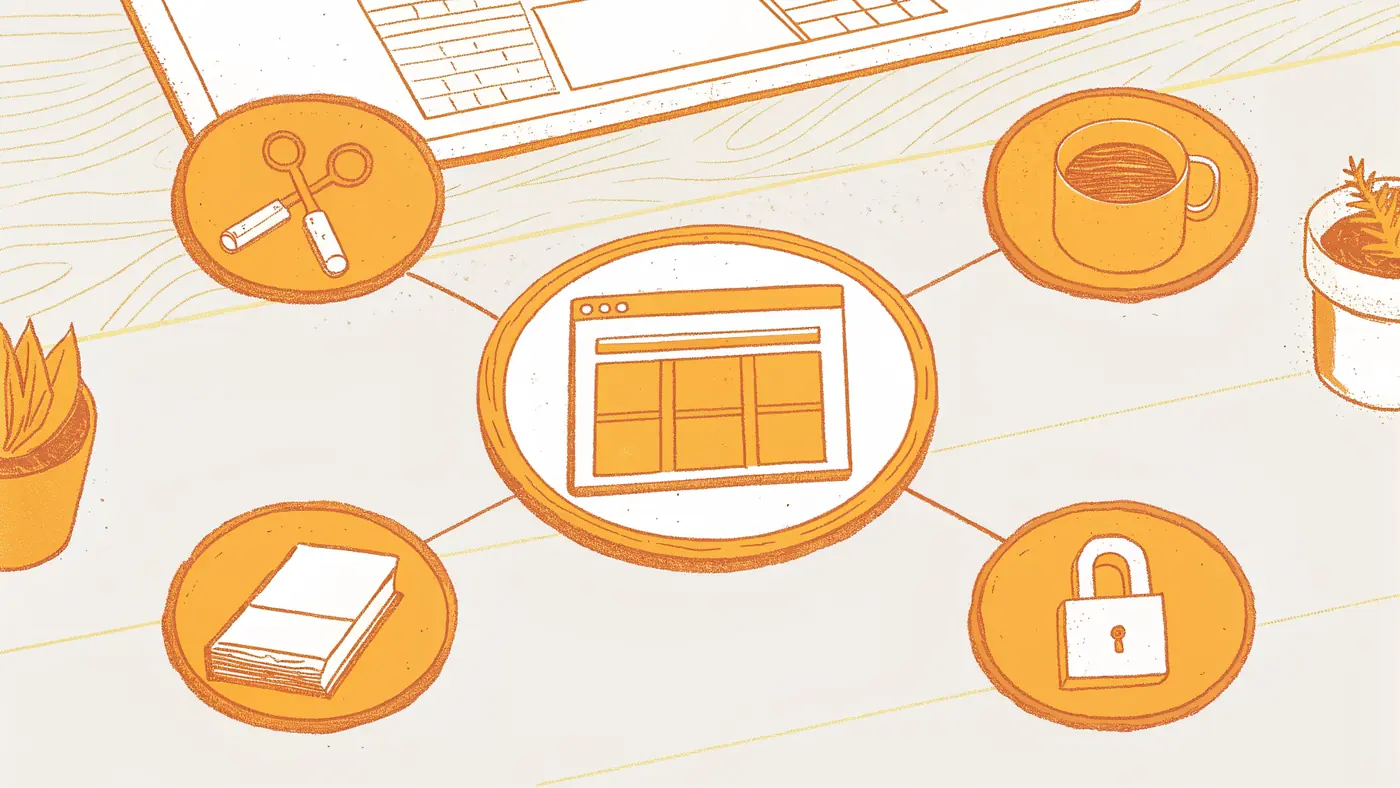 Six browser agent core actions radiating from a central browser window icon