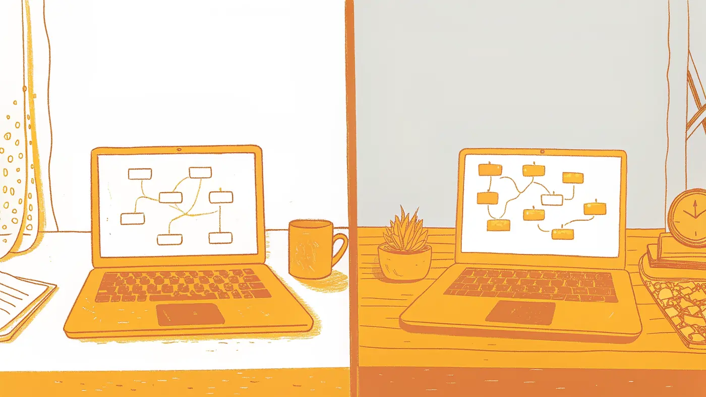 Two laptops compare AI workflow setup: one with native nodes, one with manual configuration