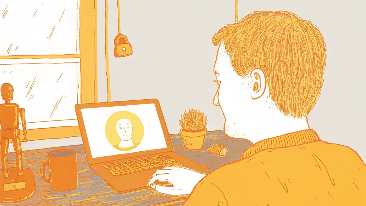 Operations lead at laptop comparing borrowed human credential versus dedicated AI agent identity badge