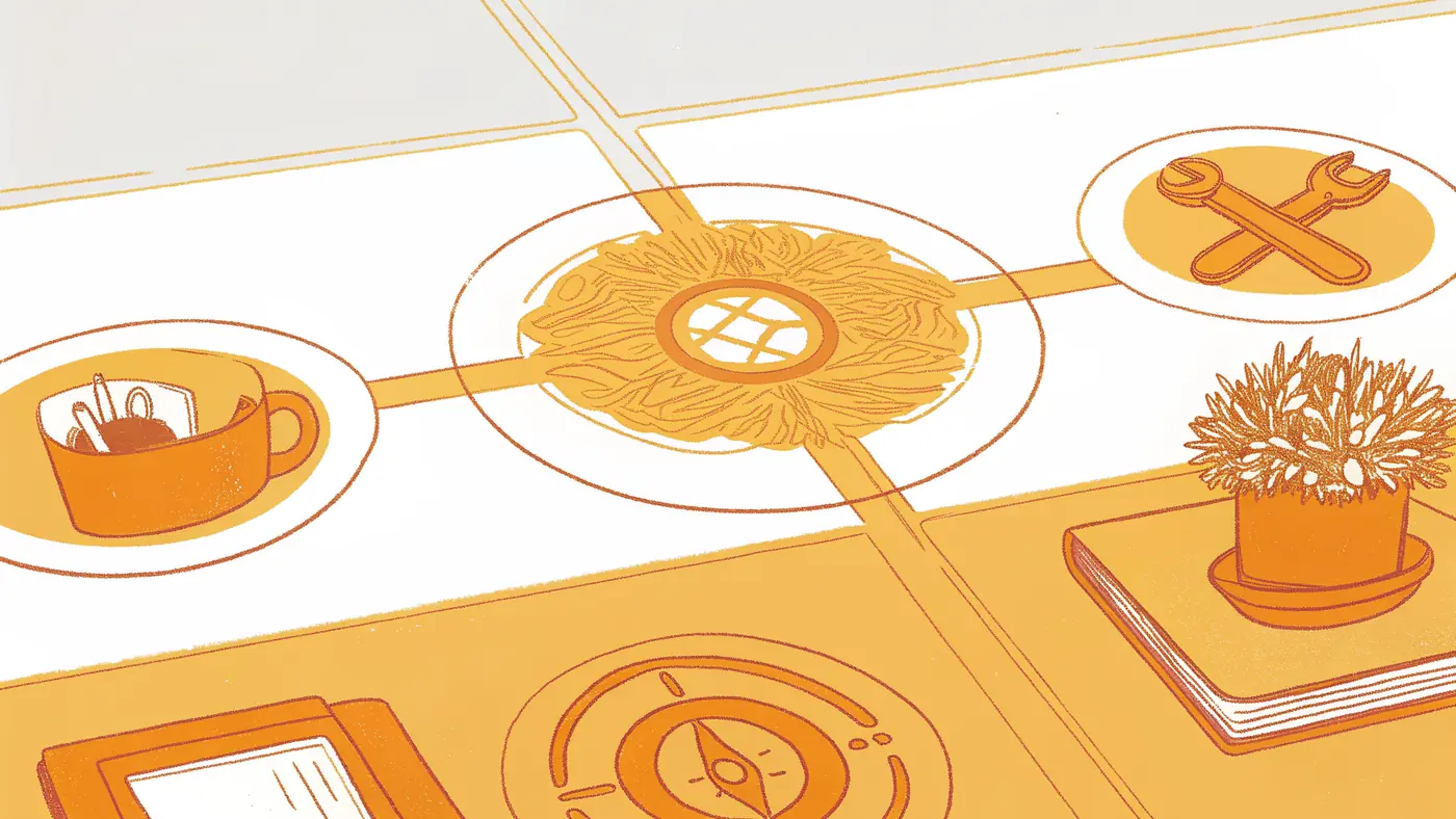 Agentic AI core hub connected to four capability icons on a clean workspace