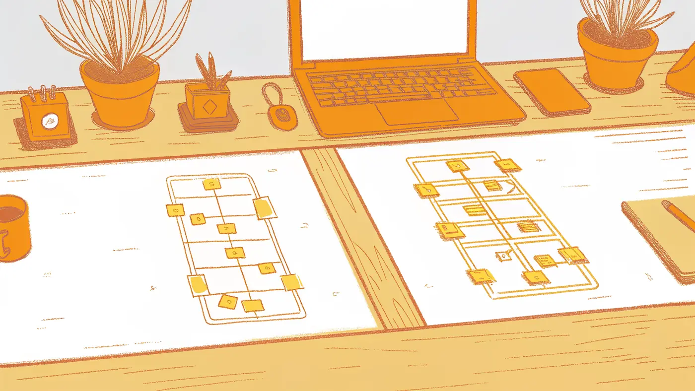 Two agent workflow paths on a desk, one rigid rail, one branching decision fork