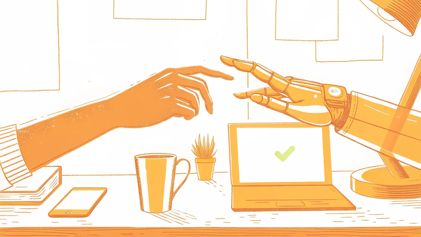 Human and AI agent hands reaching toward each other across a desk, symbolizing trusted delegation