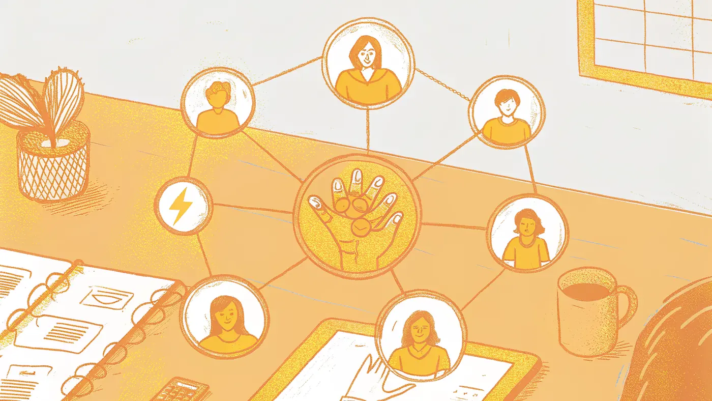 founder at center of disconnected AI tools versus self-connected agent network on desk