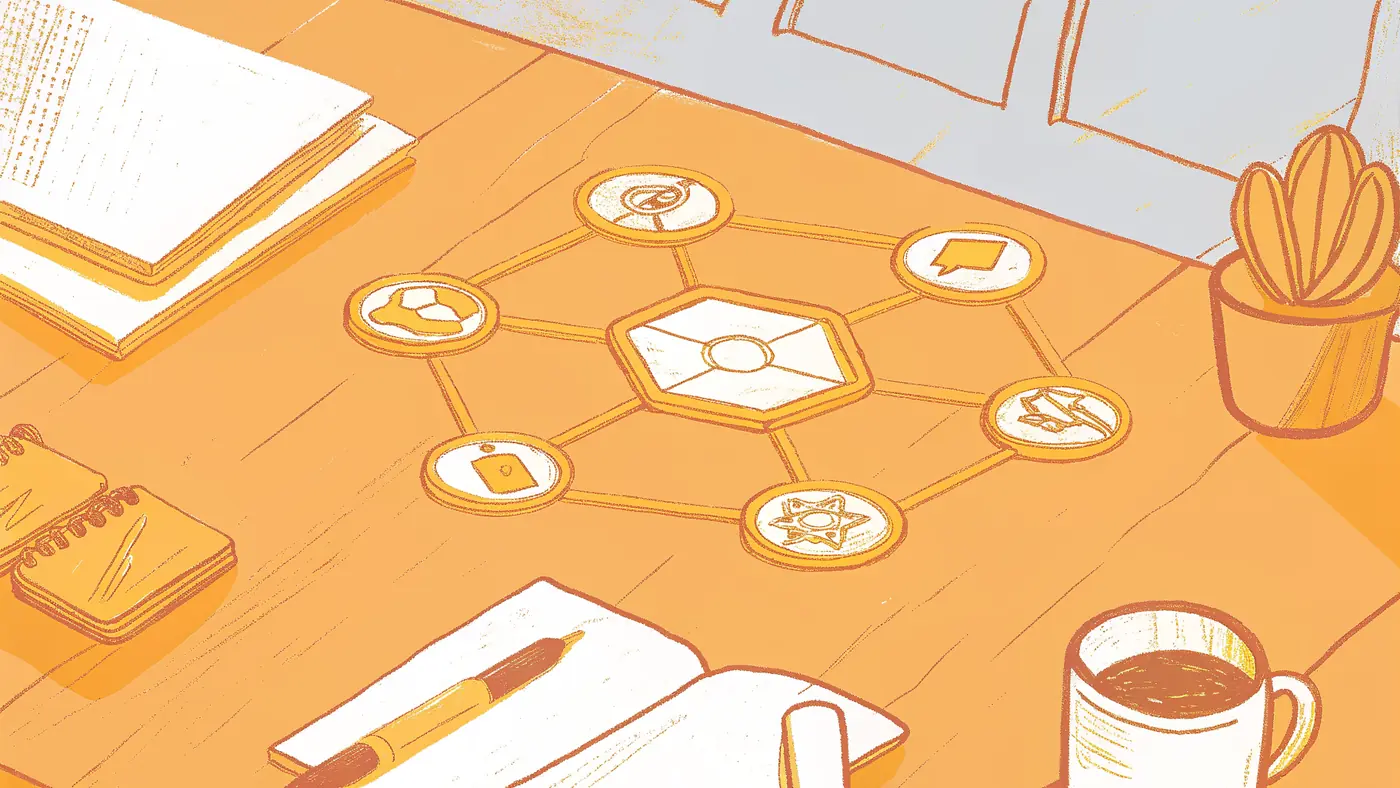 AI orchestrator hub routing tasks to three specialized agents on a desk