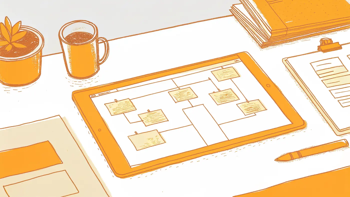 Flattened org chart on desk beside AI agent orchestration interface replacing management layers