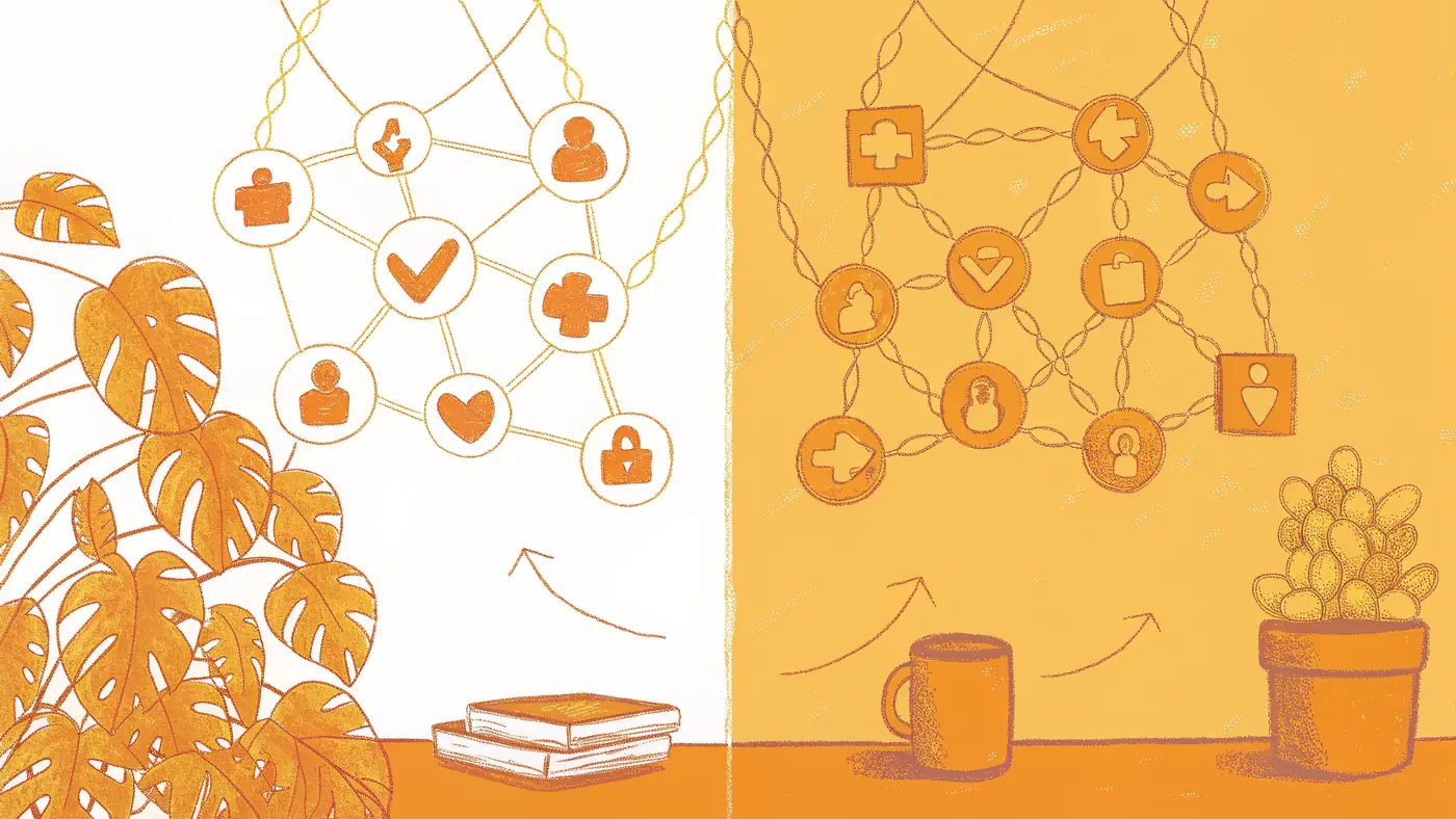 Tangled looping agent chat bubbles versus a clean validated pipeline, side by side
