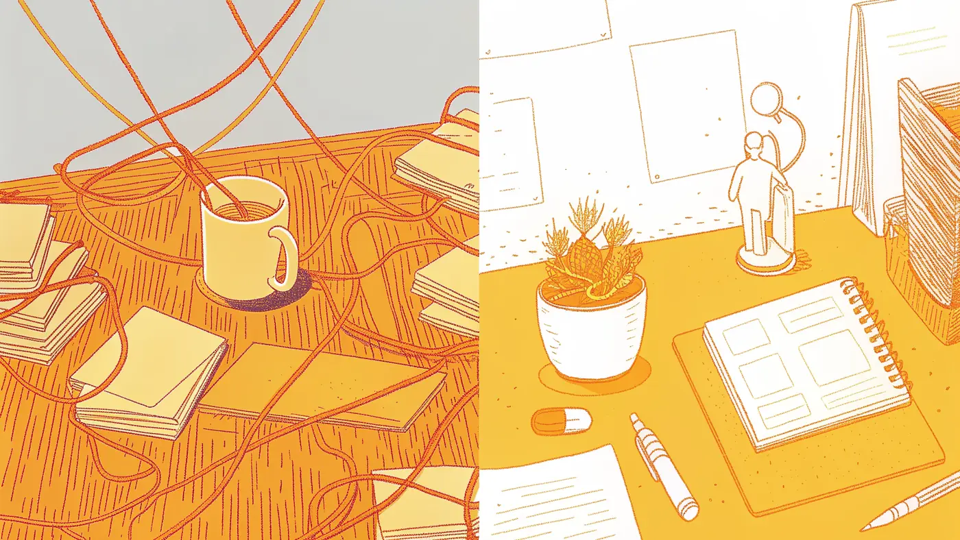 Cluttered prompt-engineering desk transforms into a clean description-first AI agent workspace