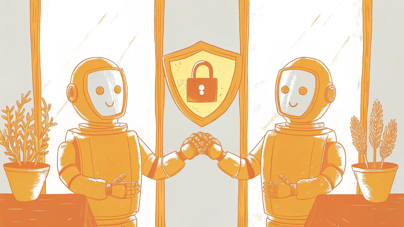 Two AI agents exchanging verified credential badges, blocking an impersonator ghost agent