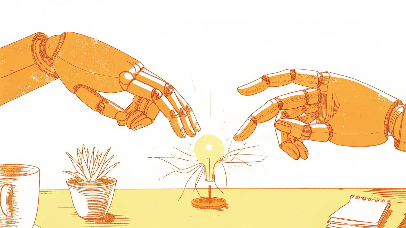 RPA bot and AI agent handoff gap with tangled wires and spilled documents