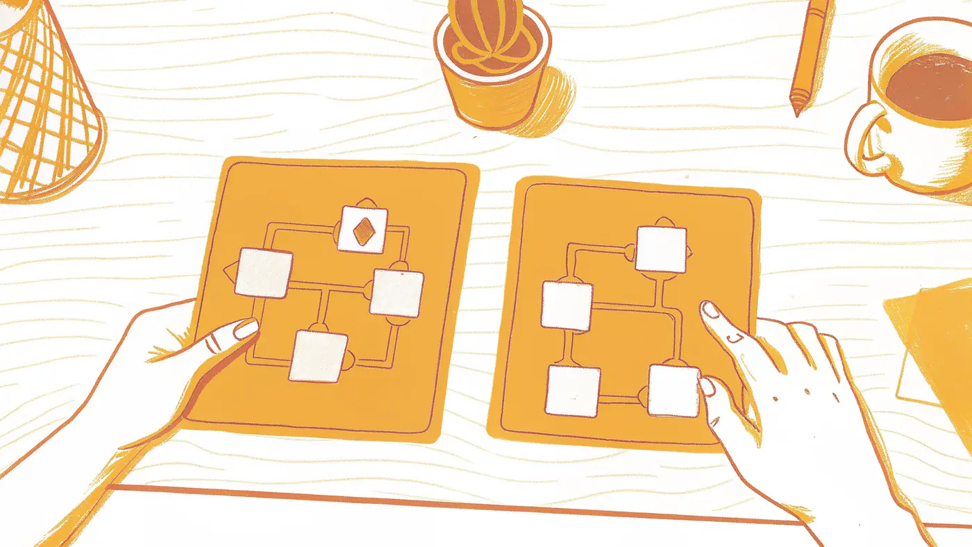 Founder choosing between simple task card and multi-step agentic workflow on desk