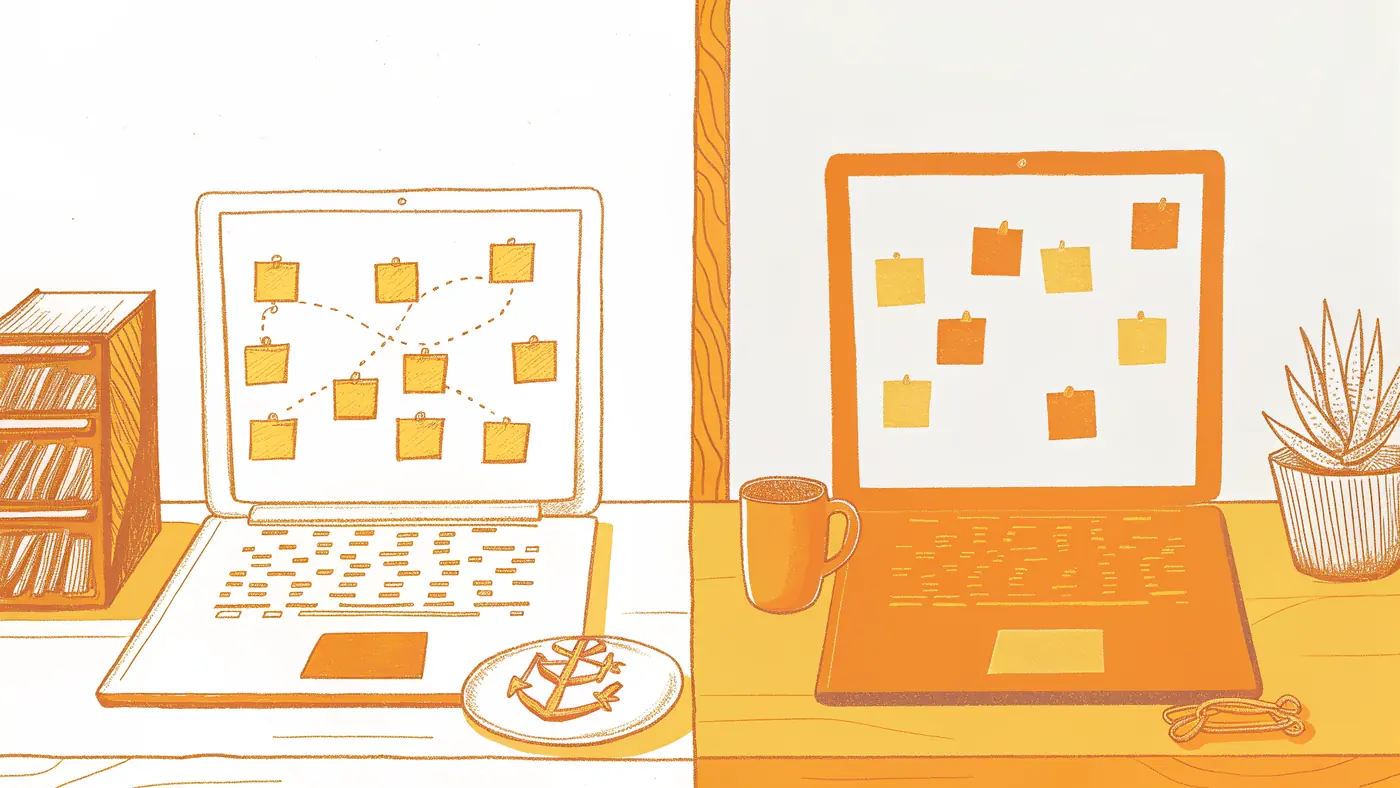 Three AI agent framework metaphors on a desk: flowchart, team roster, dialogue bubbles