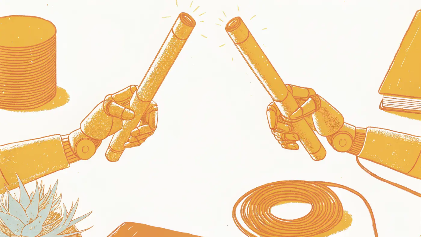 Two AI agent arms exchanging a task token across a defined handoff boundary line