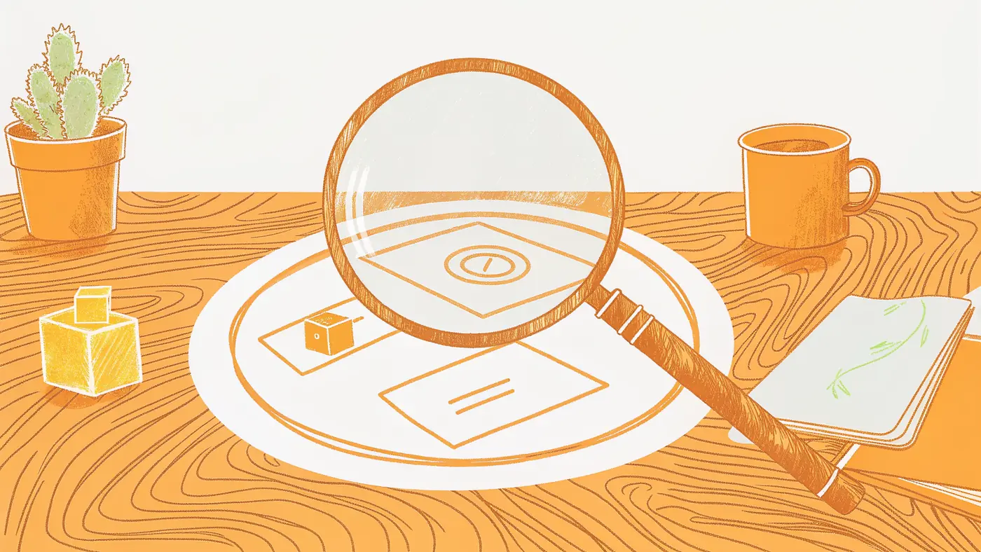 Magnifying glass inspecting an AI workflow output card with layered quality-check rings