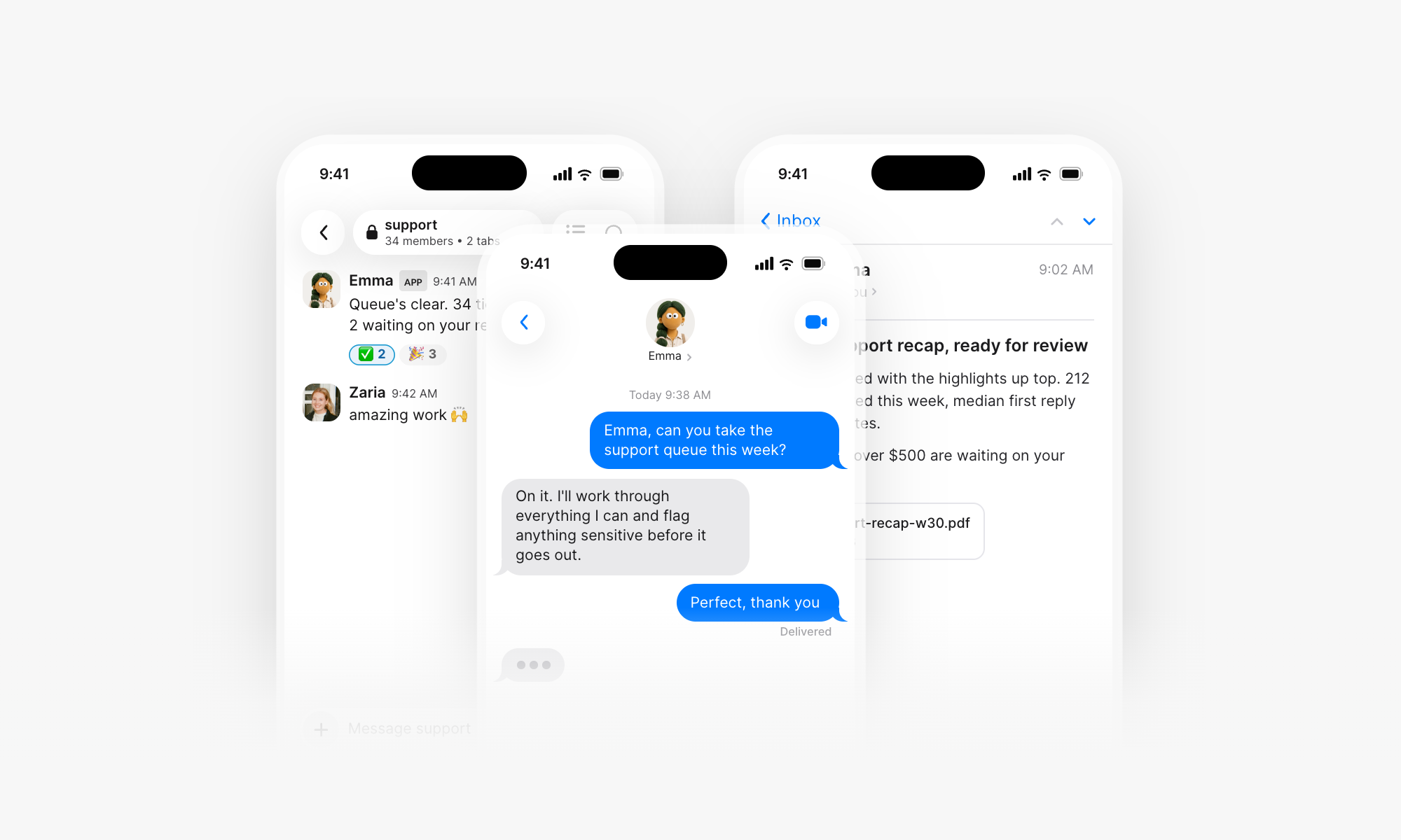The same agent answering in iMessage, in a Slack channel, and in an email thread