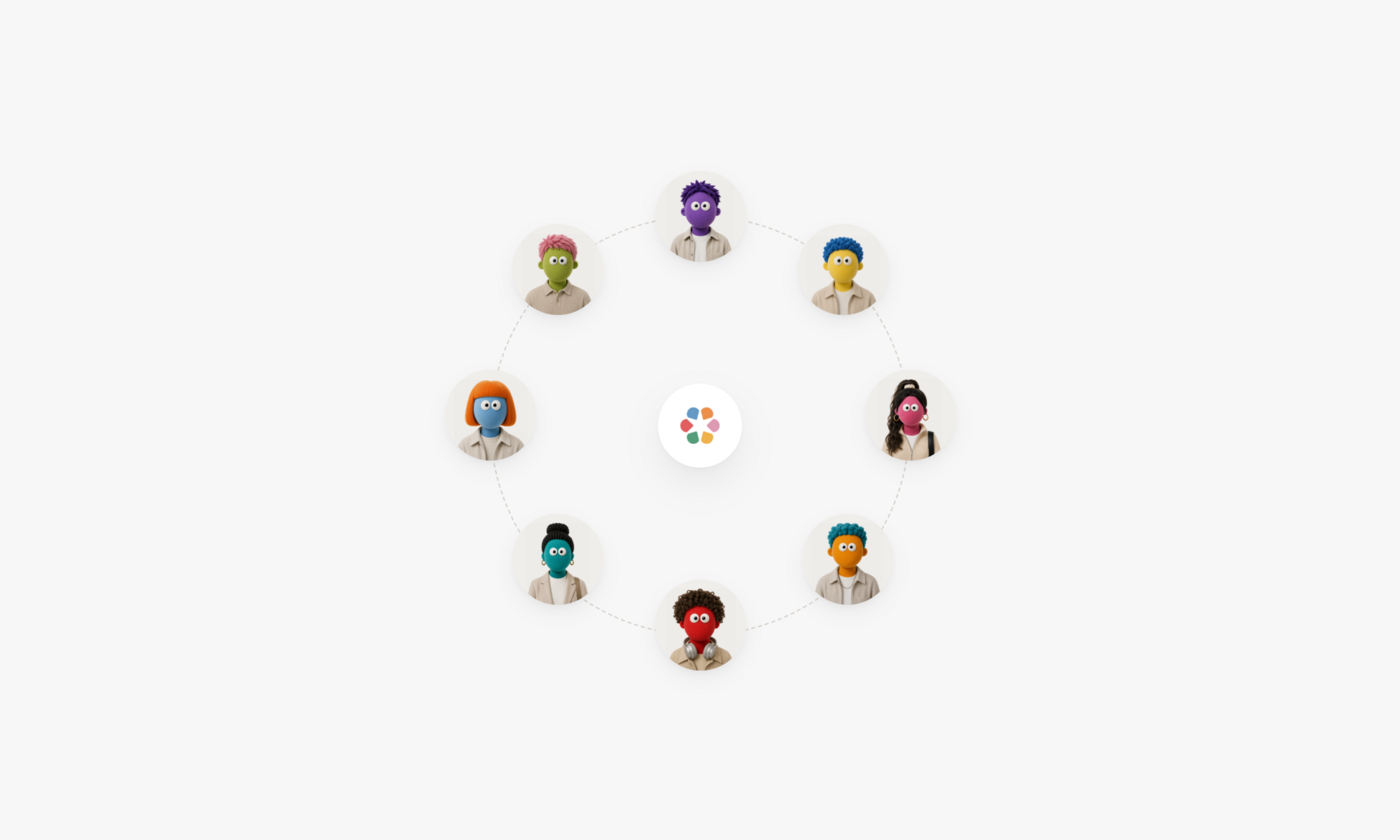 Eight agents arranged in a ring around a shared workspace