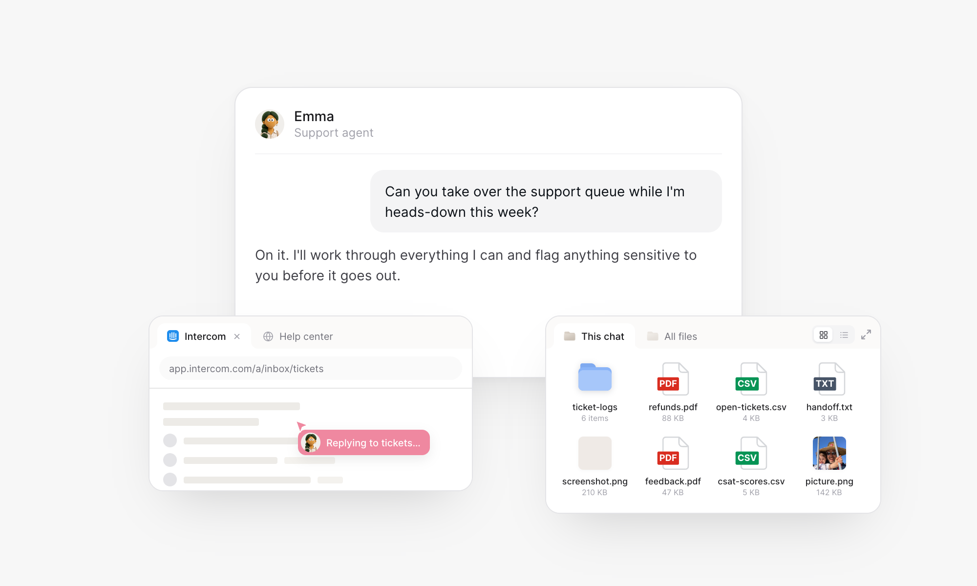 An agent working in Intercom in a browser next to a panel of the files it produced